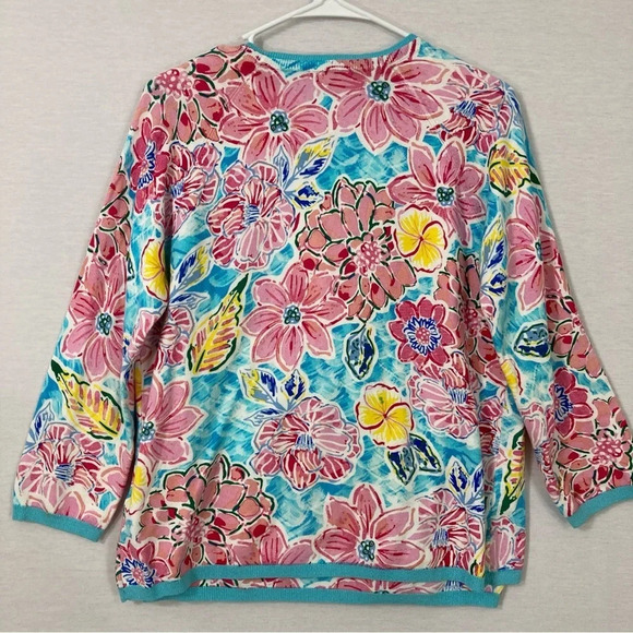 Leo & Ugo Two Layer Pink Blue Floral Soft Stretch Cardigan size Large - Picture 11 of 12